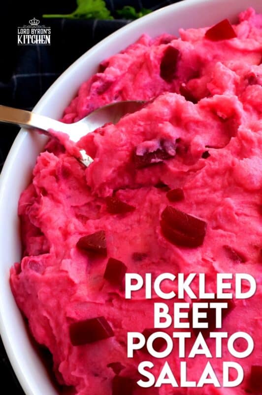 Pickled Beet Potato Salad is a sweet and creamy side dish paired perfectly with chicken or roast beef; a perfect summer potluck take-along side dish! Vibrantly pink and quite frankly, a bit odd, but super delicious and a conversation starter too! What more could you ask for in a potato salad? #pickled #beet #potato #salad #potatosalad #pinkfood