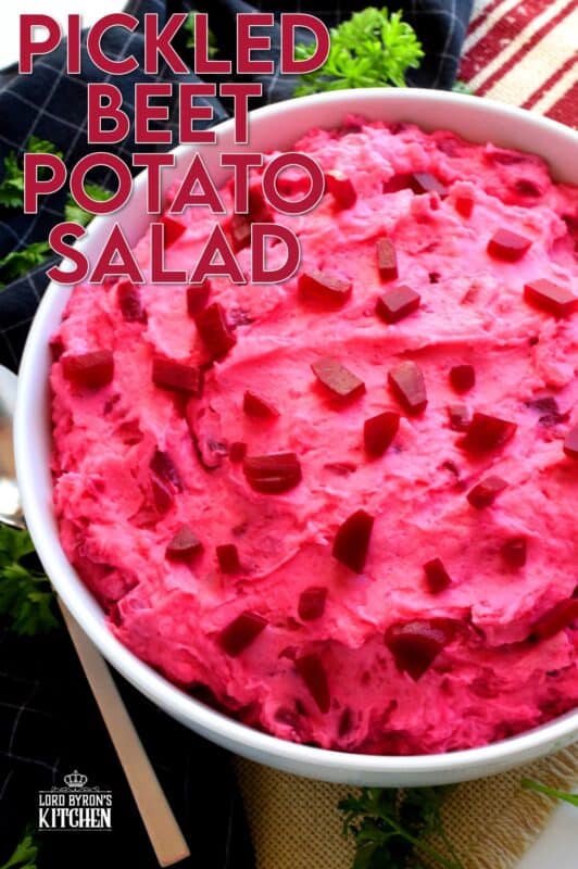 Pickled Beet Potato Salad is a sweet and creamy side dish paired perfectly with chicken or roast beef; a perfect summer potluck take-along side dish! Vibrantly pink and quite frankly, a bit odd, but super delicious and a conversation starter too! What more could you ask for in a potato salad? #pickled #beet #potato #salad #potatosalad #pinkfood