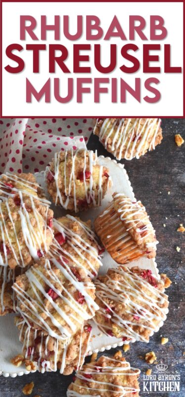 A blissfully tart muffin with just the right amount of sweet; Rhubarb Streusel Muffins consists of fresh rhubarb and crunchy walnuts. And, if that wasn’t enough, the streusel crumb topping is super easy to make and adds a nice flaky crunch to the top of the deliciously soft and moist muffin! Delicious! #rhubarb #streusel #muffins #brunch #summer #rhubarbrecipes