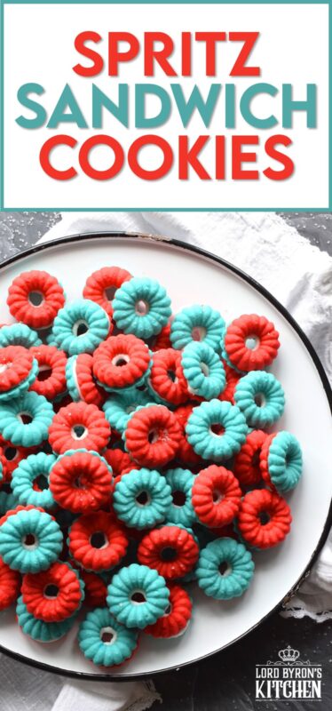 Everyone loves a spritz cookie, especially at Christmas! But, why should they only make an appearance once a year? In this version, I've coloured the cookie dough red and blue and sandwiched them with white frosting. These are most certainly bright and festive - perfect for your 4th of July celebrations! #spritz #cookies #sandwichcookies #redwhiteblue #4thofjuly #redwhiteandblue