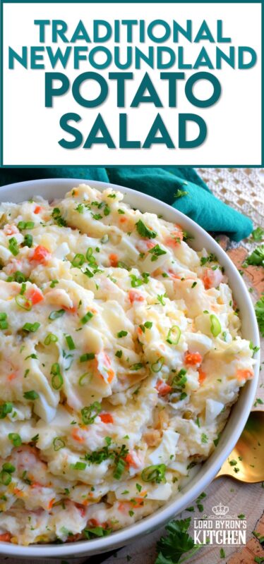 Made with chopped hard-boiled eggs, mashed potatoes, and green onions, Vegetable Potato Salad is creamy, comforting, and oh so delicious! The addition of eggs and green onions might not be the makings of a traditional Newfoundland potato salad in your home, but it surely is in mine! You've got to try this version! #potato #salad #newfie #Newfoundland #recipes #vegetable