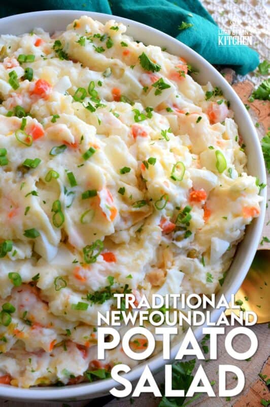 Made with chopped hard-boiled eggs, mashed potatoes, and green onions, Vegetable Potato Salad is creamy, comforting, and oh so delicious! The addition of eggs and green onions might not be the makings of a traditional Newfoundland potato salad in your home, but it surely is in mine! You've got to try this version! #potato #salad #newfie #Newfoundland #recipes #vegetable