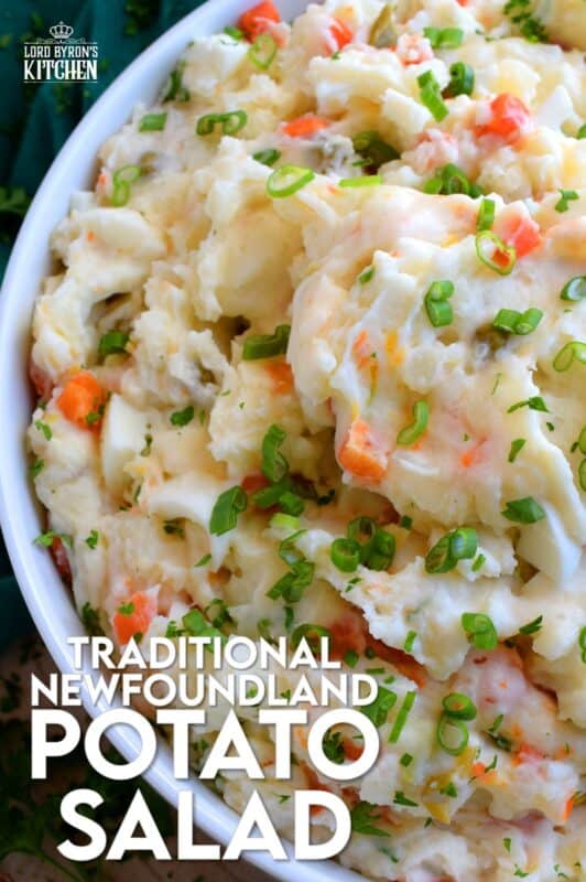 Made with chopped hard-boiled eggs, mashed potatoes, and green onions, Vegetable Potato Salad is creamy, comforting, and oh so delicious! The addition of eggs and green onions might not be the makings of a traditional Newfoundland potato salad in your home, but it surely is in mine! You've got to try this version! #potato #salad #newfie #Newfoundland #recipes #vegetable
