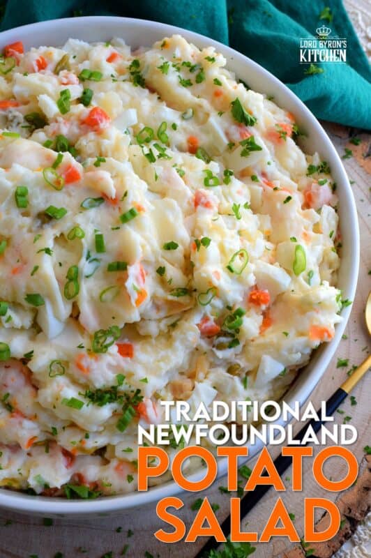 Made with chopped hard-boiled eggs, mashed potatoes, and green onions, Vegetable Potato Salad is creamy, comforting, and oh so delicious! The addition of eggs and green onions might not be the makings of a traditional Newfoundland potato salad in your home, but it surely is in mine! You've got to try this version! #potato #salad #newfie #Newfoundland #recipes #vegetable