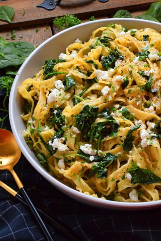 Prepared with humble ingredients, Brown Butter Pasta with Spinach and Goat Cheese has the look and taste of elegance, but is very inexpensive and unpretentious. If you've never tasted pasta tossed in a properly prepared brown butter, you're in for a treat! After all, not every pasta dish needs tomato sauce! #brownbutter #brown #butter #goatcheese #spinach #pasta