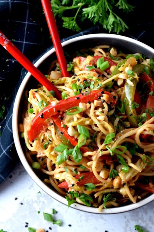 Spicy Vegetable Noodles are one of our favourite make-it-at-home take out dishes. The recipe is easy to follow, the ingredients are inexpensive, and the flavours are adaptable to your personal tastes. These are the types of noodles that you just cannot stop eating! #noodles #asiancooking #chowmein #stirfry #vegetarian