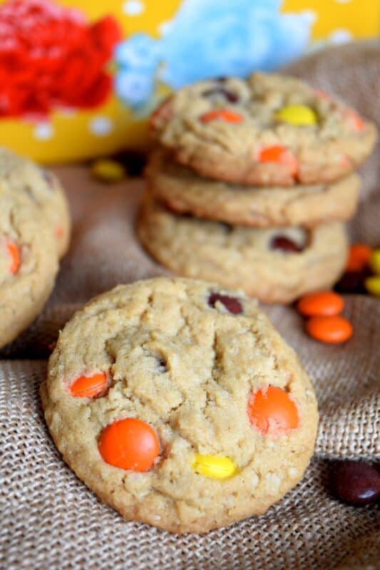 Reese's Pieces Peanut Butter Oatmeal Cookies are made with the peanut butter lover in mind.  Heavily loaded with peanut flavour by means of peanut butter, chopped peanuts, and a copious amount of Reese's Pieces, this cookie is sure to please the peanut butter kid in all of us! #peanutbutter #reeses #reesespieces #oatmealcookies #cookies