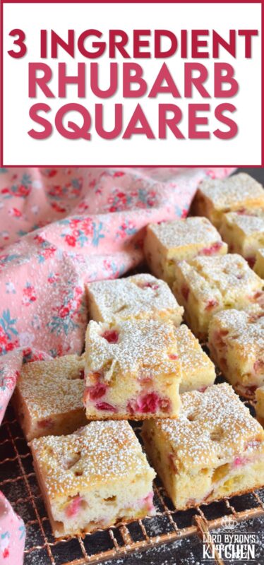 Perfectly sweet and puckeringly tart, 3 Ingredient Rhubarb Squares take thirty minutes from start to finish. These are a quick and easy treat which can be effortlessly whipped up when your neighbour announces they're dropping by for tea this afternoon. All in one bowl, so a simple clean up too! #rhubarb #squares #bars #cookies #3ingredient #dessert
