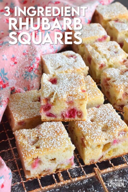 Perfectly sweet and puckeringly tart, 3 Ingredient Rhubarb Squares take thirty minutes from start to finish. These are a quick and easy treat which can be effortlessly whipped up when your neighbour announces they're dropping by for tea this afternoon. All in one bowl, so a simple clean up too! #rhubarb #squares #bars #cookies #3ingredient #dessert