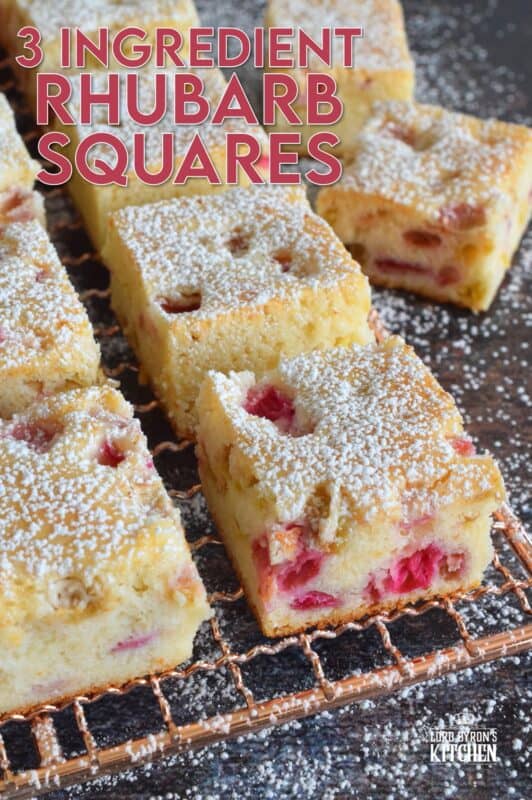 Perfectly sweet and puckeringly tart, 3 Ingredient Rhubarb Squares take thirty minutes from start to finish. These are a quick and easy treat which can be effortlessly whipped up when your neighbour announces they're dropping by for tea this afternoon. All in one bowl, so a simple clean up too! #rhubarb #squares #bars #cookies #3ingredient #dessert