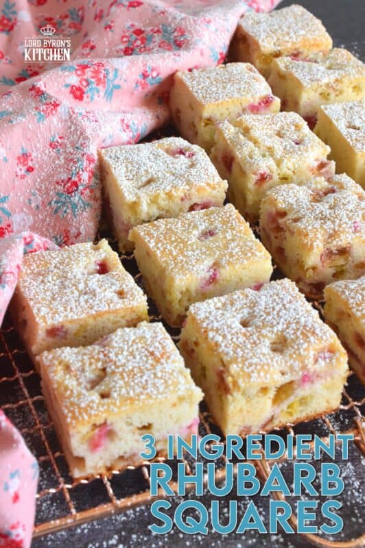 Perfectly sweet and puckeringly tart, 3 Ingredient Rhubarb Squares take thirty minutes from start to finish. These are a quick and easy treat which can be effortlessly whipped up when your neighbour announces they're dropping by for tea this afternoon. All in one bowl, so a simple clean up too! #rhubarb #squares #bars #cookies #3ingredient #dessert