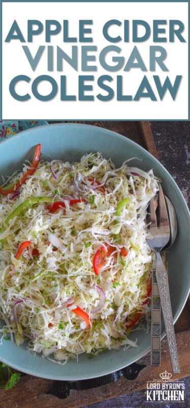 Apple Cider Vinegar Coleslaw is packed with robust flavours!  Like most coleslaw recipes, this one starts with shredded cabbage, but it is combined with red and green bell peppers, and thinly sliced red onions too.  Tossed in a sweet oil and vinegar dressing, it’s hard to say no to a second helping! #coleslaw #vinegary #applecider #salad #summersides