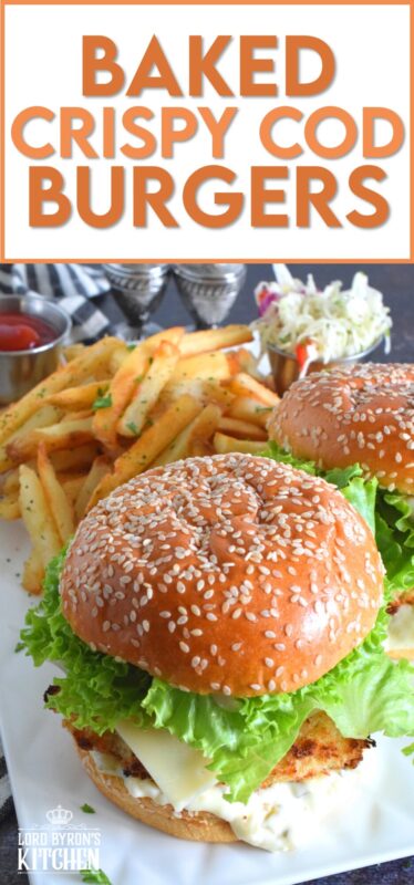There's no room for mechanically processed fish burgers here! This burger is made with a fresh cod fillet that has been baked to a crispy perfection with a light and airy batter made with buttermilk and panko. Sandwiched between a brioche bun with lettuce and cheese, these Baked Crispy Cod Burgers are the absolute best! #copycat #fishfillet #fish #burger #seafood #bakednotfried