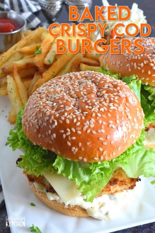 There's no room for mechanically processed fish burgers here! This burger is made with a fresh cod fillet that has been baked to a crispy perfection with a light and airy batter made with buttermilk and panko. Sandwiched between a brioche bun with lettuce and cheese, these Baked Crispy Cod Burgers are the absolute best! #copycat #fishfillet #fish #burger #seafood #bakednotfried