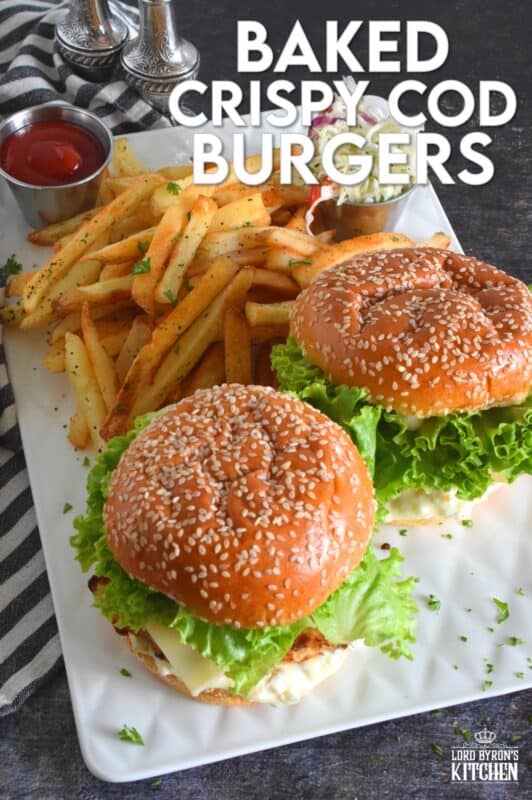 There's no room for mechanically processed fish burgers here! This burger is made with a fresh cod fillet that has been baked to a crispy perfection with a light and airy batter made with buttermilk and panko. Sandwiched between a brioche bun with lettuce and cheese, these Baked Crispy Cod Burgers are the absolute best! #copycat #fishfillet #fish #burger #seafood #bakednotfried
