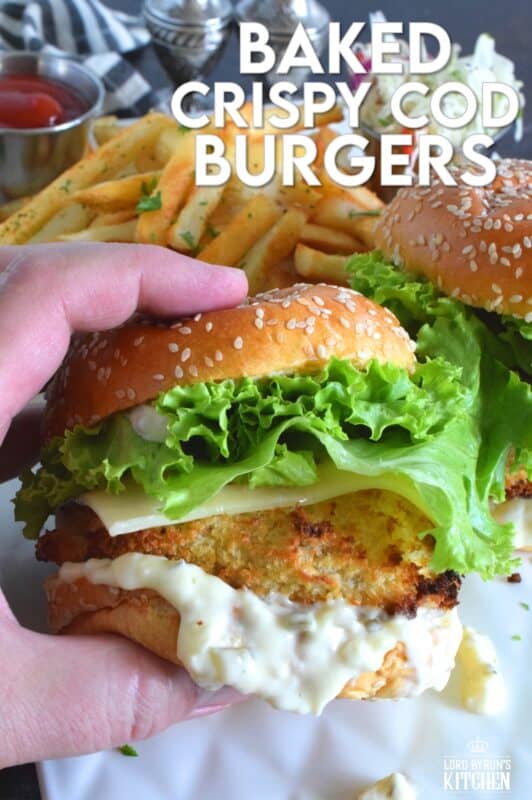 There's no room for mechanically processed fish burgers here! This burger is made with a fresh cod fillet that has been baked to a crispy perfection with a light and airy batter made with buttermilk and panko. Sandwiched between a brioche bun with lettuce and cheese, these Baked Crispy Cod Burgers are the absolute best! #copycat #fishfillet #fish #burger #seafood #bakednotfried