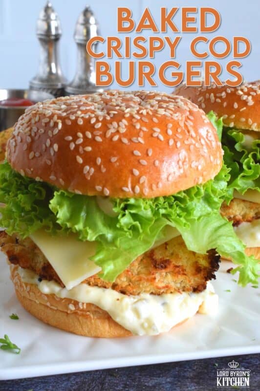 There's no room for mechanically processed fish burgers here! This burger is made with a fresh cod fillet that has been baked to a crispy perfection with a light and airy batter made with buttermilk and panko. Sandwiched between a brioche bun with lettuce and cheese, these Baked Crispy Cod Burgers are the absolute best! #copycat #fishfillet #fish #burger #seafood #bakednotfried