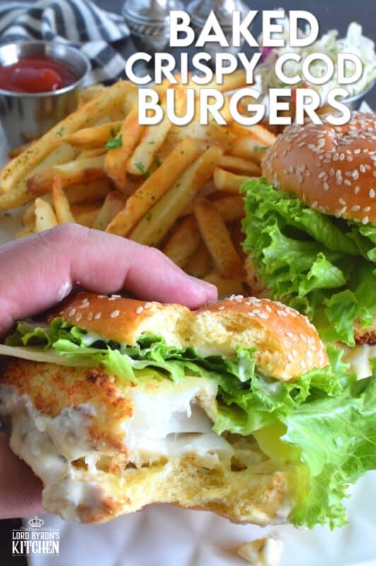 There's no room for mechanically processed fish burgers here! This burger is made with a fresh cod fillet that has been baked to a crispy perfection with a light and airy batter made with buttermilk and panko. Sandwiched between a brioche bun with lettuce and cheese, these Baked Crispy Cod Burgers are the absolute best! #copycat #fishfillet #fish #burger #seafood #bakednotfried