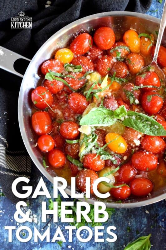 The Barefoot Contessa's Herb and Garlic Tomatoes are the perfect recipe to use up your bounty of summer ripe tomatoes. This is a simple recipe with intense garlic and basil flavour; savour these blistered tomatoes tossed with pasta, or on top of grilled crostini! #barefootcontessa #inagarten #herbandgarlic #tomatoes #summertomatoes