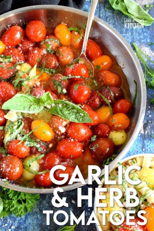 The Barefoot Contessa's Herb and Garlic Tomatoes are the perfect recipe to use up your bounty of summer ripe tomatoes. This is a simple recipe with intense garlic and basil flavour; savour these blistered tomatoes tossed with pasta, or on top of grilled crostini! #barefootcontessa #inagarten #herbandgarlic #tomatoes #summertomatoes