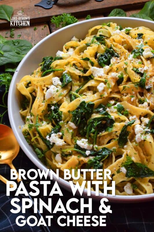 Prepared with humble ingredients, Brown Butter Pasta with Spinach and Goat Cheese has the look and taste of elegance, but is very inexpensive and unpretentious. If you've never tasted pasta tossed in a properly prepared brown butter, you're in for a treat! After all, not every pasta dish needs tomato sauce! #brownbutter #brown #butter #goatcheese #spinach #pasta