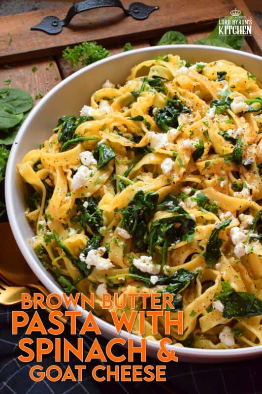 Prepared with humble ingredients, Brown Butter Pasta with Spinach and Goat Cheese has the look and taste of elegance, but is very inexpensive and unpretentious. If you've never tasted pasta tossed in a properly prepared brown butter, you're in for a treat! After all, not every pasta dish needs tomato sauce! #brownbutter #brown #butter #goatcheese #spinach #pasta
