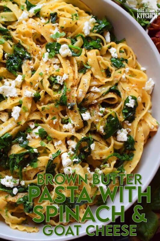 Prepared with humble ingredients, Brown Butter Pasta with Spinach and Goat Cheese has the look and taste of elegance, but is very inexpensive and unpretentious. If you've never tasted pasta tossed in a properly prepared brown butter, you're in for a treat! After all, not every pasta dish needs tomato sauce! #brownbutter #brown #butter #goatcheese #spinach #pasta