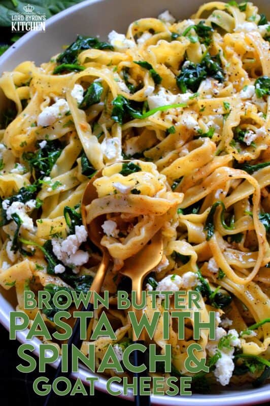 Prepared with humble ingredients, Brown Butter Pasta with Spinach and Goat Cheese has the look and taste of elegance, but is very inexpensive and unpretentious. If you've never tasted pasta tossed in a properly prepared brown butter, you're in for a treat! After all, not every pasta dish needs tomato sauce! #brownbutter #brown #butter #goatcheese #spinach #pasta