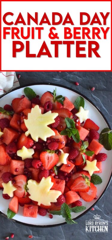So easy and so much fun to prepare, this Canada Day Fruit and Berry Platter is as pretty to look at as it is good to eat! Using only red fruit and berries, and a little bit of garnish, make this the center of your celebratory table this coming Canada Day weekend! #canadaday #redandwhite #partyfood #picnic #fruit #berries