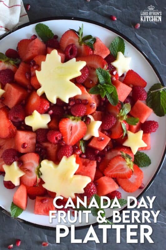 So easy and so much fun to prepare, this Canada Day Fruit and Berry Platter is as pretty to look at as it is good to eat! Using only red fruit and berries, and a little bit of garnish, make this the center of your celebratory table this coming Canada Day weekend! #canadaday #redandwhite #partyfood #picnic #fruit #berries