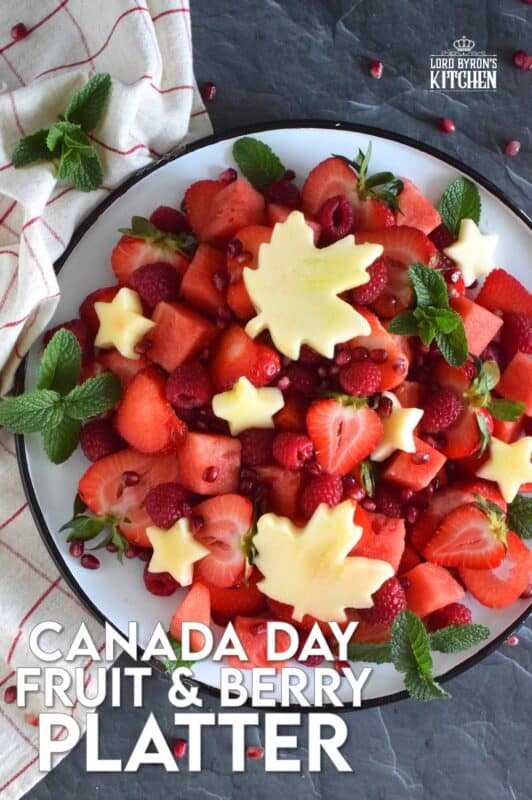So easy and so much fun to prepare, this Canada Day Fruit and Berry Platter is as pretty to look at as it is good to eat! Using only red fruit and berries, and a little bit of garnish, make this the center of your celebratory table this coming Canada Day weekend! #canadaday #redandwhite #partyfood #picnic #fruit #berries
