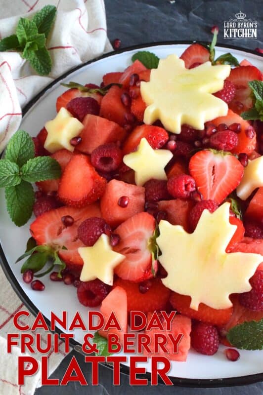 So easy and so much fun to prepare, this Canada Day Fruit and Berry Platter is as pretty to look at as it is good to eat! Using only red fruit and berries, and a little bit of garnish, make this the center of your celebratory table this coming Canada Day weekend! #canadaday #redandwhite #partyfood #picnic #fruit #berries