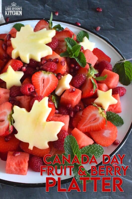 So easy and so much fun to prepare, this Canada Day Fruit and Berry Platter is as pretty to look at as it is good to eat! Using only red fruit and berries, and a little bit of garnish, make this the center of your celebratory table this coming Canada Day weekend! #canadaday #redandwhite #partyfood #picnic #fruit #berries