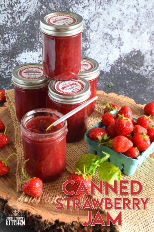 In early summer, when strawberries are in season, is the time to stock your pantry with homemade Canned Strawberry Jam. This post will walk you through the steps to ensure you have safe and fresh-tasting jam all year long. If you've never made your own jam, you're in for a real treat! #strawberryjam #strawberries #canning #jam #preserves #cannedjam #waterbath