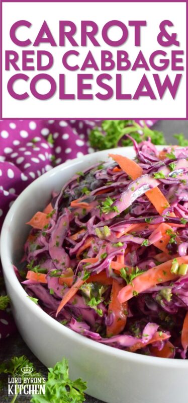 Carrot and Red Cabbage Coleslaw is the best of both worlds. It is a little bit creamy and a little bit vinegary, which is a combination of the two sides of the coleslaw debate. Vibrantly colourful and super crunchy, this coleslaw will brighten up any plate as a side, or make it a perfect addition to sandwiches, tacos, burritos, burgers, and hot dogs too! #redcabbage #coleslaw #salad #celery #creamy #seeds