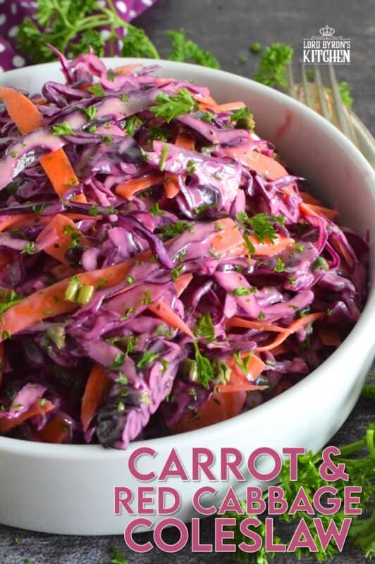 Carrot and Red Cabbage Coleslaw is the best of both worlds. It is a little bit creamy and a little bit vinegary, which is a combination of the two sides of the coleslaw debate. Vibrantly colourful and super crunchy, this coleslaw will brighten up any plate as a side, or make it a perfect addition to sandwiches, tacos, burritos, burgers, and hot dogs too! #redcabbage #coleslaw #salad #celery #creamy #seeds