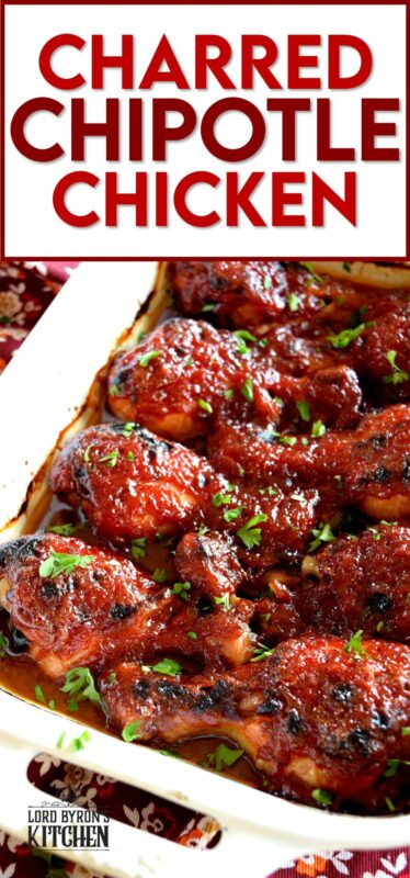 In this Charred Chipotle Chicken recipe, inexpensive drumsticks are baked with onion and then topped with a thick, sweet sauce consisting of chipotle peppers in adobo sauce, vinegar, brown sugar, and more. This is certainly an easily family pleasing main! #bakedchicken #drumsticks #spicychicken #chipotle #adobosauce #saucy