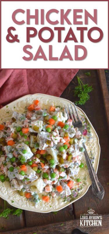 The combination of chicken and some version of a potato recipe has always been a classic meal, so why not combine the two? Chicken and Potato Salad is a mayonnaise-based, creamy salad prepared with peas, carrots, chives, and pickles too! This salad is a meal in itself, but also, perfectly and easily paired with any backyard BBQ mains! #potatosalad #chicken #salad #summermeals #sides #summersides