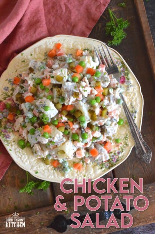 The combination of chicken and some version of a potato recipe has always been a classic meal, so why not combine the two? Chicken and Potato Salad is a mayonnaise-based, creamy salad prepared with peas, carrots, chives, and pickles too! This salad is a meal in itself, but also, perfectly and easily paired with any backyard BBQ mains! #potatosalad #chicken #salad #summermeals #sides #summersides