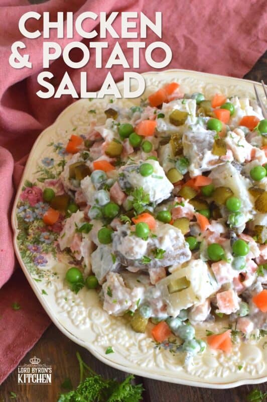 The combination of chicken and some version of a potato recipe has always been a classic meal, so why not combine the two? Chicken and Potato Salad is a mayonnaise-based, creamy salad prepared with peas, carrots, chives, and pickles too! This salad is a meal in itself, but also, perfectly and easily paired with any backyard BBQ mains! #potatosalad #chicken #salad #summermeals #sides #summersides