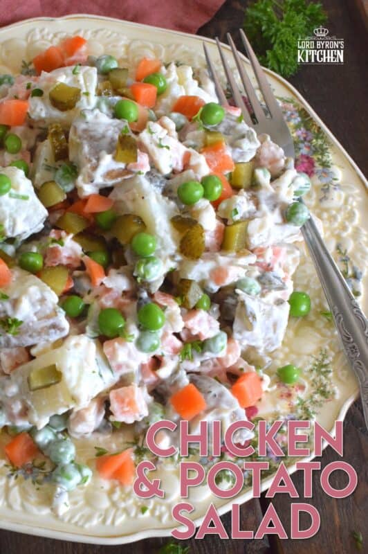 The combination of chicken and some version of a potato recipe has always been a classic meal, so why not combine the two? Chicken and Potato Salad is a mayonnaise-based, creamy salad prepared with peas, carrots, chives, and pickles too! This salad is a meal in itself, but also, perfectly and easily paired with any backyard BBQ mains! #potatosalad #chicken #salad #summermeals #sides #summersides