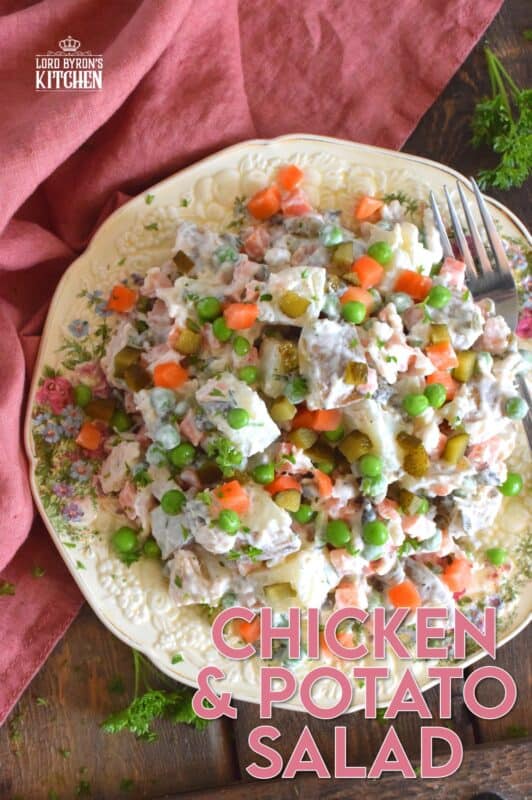 The combination of chicken and some version of a potato recipe has always been a classic meal, so why not combine the two? Chicken and Potato Salad is a mayonnaise-based, creamy salad prepared with peas, carrots, chives, and pickles too! This salad is a meal in itself, but also, perfectly and easily paired with any backyard BBQ mains! #potatosalad #chicken #salad #summermeals #sides #summersides