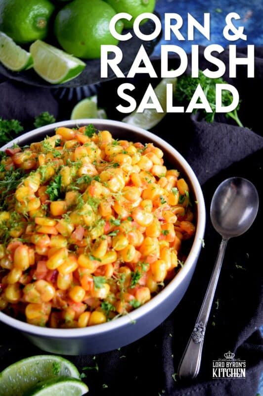 Light and refreshing, a simple combination of corn and radish, paired with a light oil and vinegar dressing and a burst of fresh lime juice, Corn and Radish Salad is a perfect summer side dish to any grilled main! #salad #summersalad #cornsalad #radish #lime