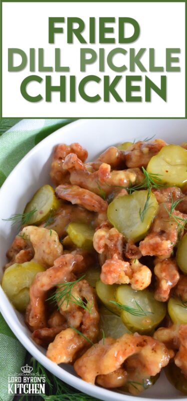 Sounds odd, right!? But, if you love dill pickles and you love fried chicken, you'll love this recipe! Boneless, skinless chicken thighs are marinated in jarred dill pickle juice and then fried with a light and crispy coating. Tossed in a sweet, dill pickle sauce with sliced pickles, Fried Dill Pickle Chicken is about as pickley as anything can get! #dill #dillpickle #chicken #friedchicken #picklebrine