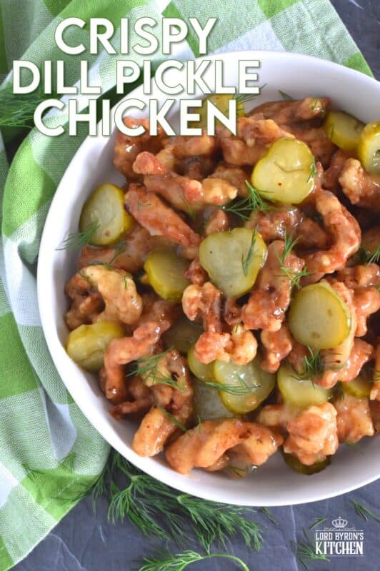 Sounds odd, right!? But, if you love dill pickles and you love fried chicken, you'll love this recipe! Boneless, skinless chicken thighs are marinated in jarred dill pickle juice and then fried with a light and crispy coating. Tossed in a sweet, dill pickle sauce with sliced pickles, Fried Dill Pickle Chicken is about as pickley as anything can get! #dill #dillpickle #chicken #friedchicken #picklebrine