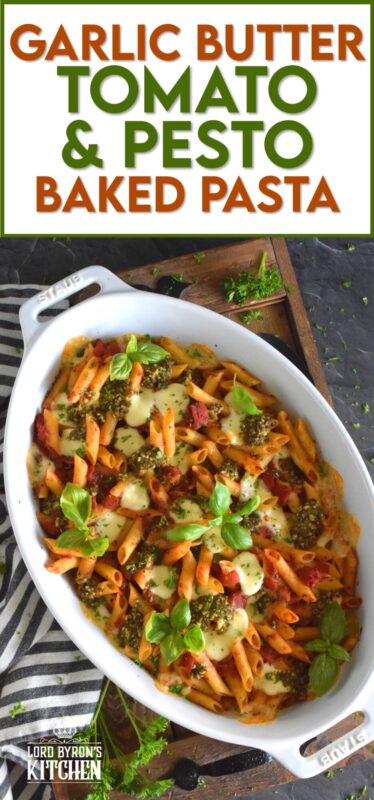 That title is a mouthful and that's exactly what you will have once you prepare this Garlic Butter Tomato and Pesto Baked Pasta in your home! Perfectly cooked pasta is flavoured with both seasoned tomatoes and basil pesto and baked with garlic butter and bocconcini until melted and gooey. This just might be my new favourite way to make pasta! #bakedpasta #pasta #casserole #ziti #basil #pesto #cheesy #garlicbutter