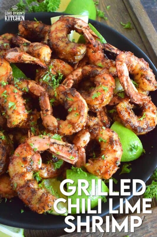 Marinated in a mixture of warming dried herbs and spices with a splash of olive oil and a spritz of fresh lime juice, these Grilled Chili Lime Shrimp are bursting with flavour! Quickly grilled over high heat to get a good sear and colour without the risk of overcooking makes it hard to stop from eating them all! #grilled #shrimp #chililime #lime #jumboshrimp