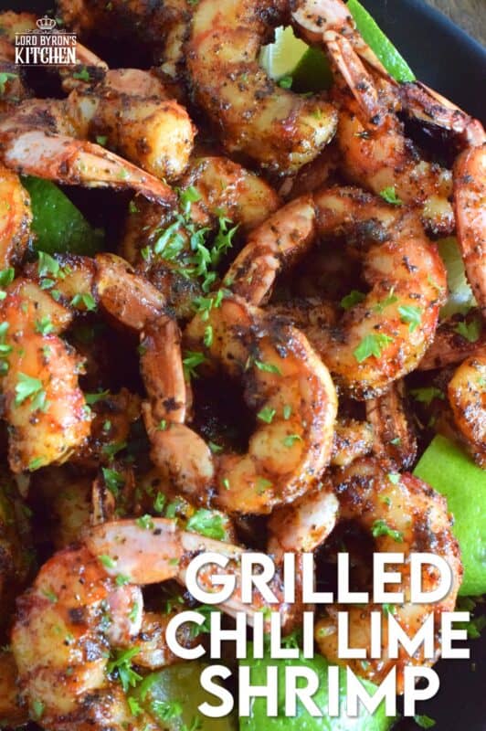 Marinated in a mixture of warming dried herbs and spices with a splash of olive oil and a spritz of fresh lime juice, these Grilled Chili Lime Shrimp are bursting with flavour! Quickly grilled over high heat to get a good sear and colour without the risk of overcooking makes it hard to stop from eating them all! #grilled #shrimp #chililime #lime #jumboshrimp