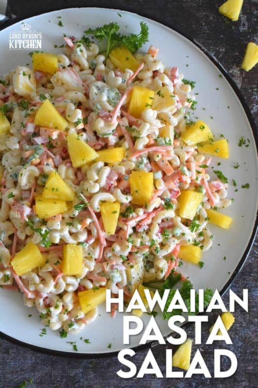 A traditional Hawaiian Pasta Salad does not include fresh pineapple, however, the combination of the two is just wonderful! Loaded with lots of fresh veggies, and prepared with a lightened up creamy sauce, this version is delightfully refreshing and delicious too! #pasta #pastasalad #hawaiian #summersalad #picnic #bbq