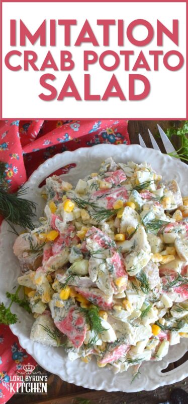 Chunky potatoes, flaky crab, crisp corn, crunchy cucumber, and chopped hard-boiled eggs make up this Imitation Crab and Potato Salad. A savoury, creamy, smooth dressing consisting of mayonnaise, fresh dill, champagne vinegar, and a few other ingredients brings the salad together in a cohesive, deliciously incredible dish! #crab #seafood #potatosalad #imitationcrab #summerside